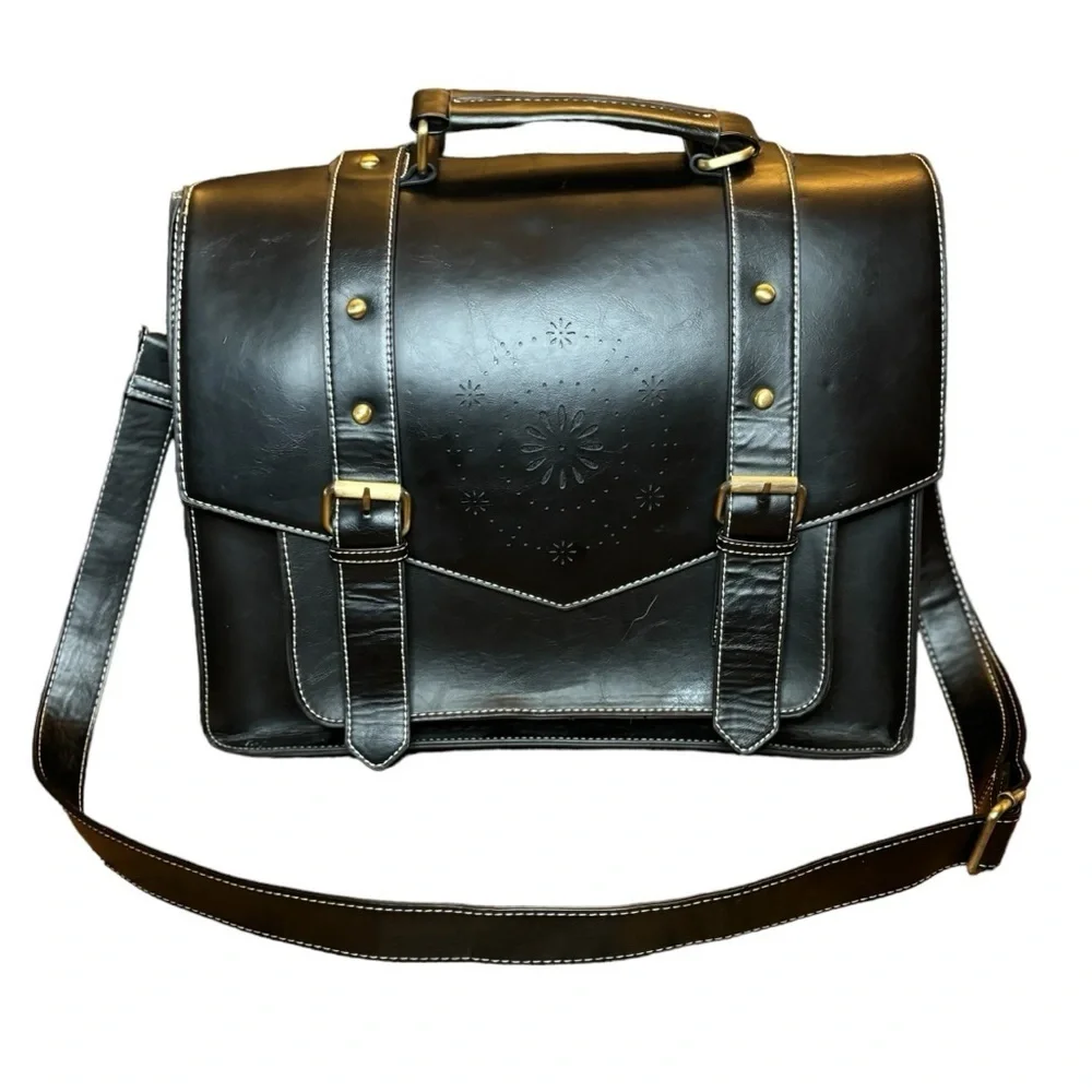 Esecosusi Black Leather Messenger Bag Briefcase Top Handle Crossbody Bag Bookbag